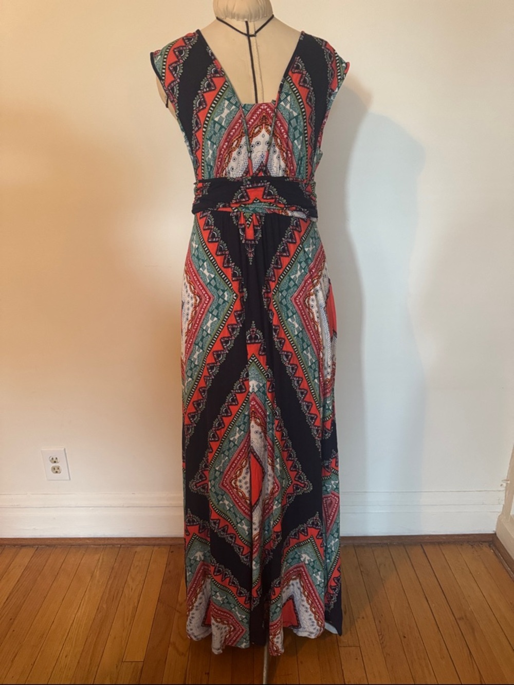 Maeve Black Maxi Dress with Red & Teal Geometric Print
